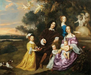 Portret van een familiegroep bij een sierlijke fontein in een pastorale landschap, 1663